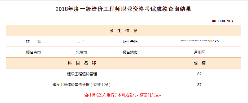 2018年一級造價(jià)工程師考試成績(jì)
