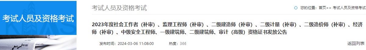 湖南懷化2023年二級造價(jià)師（補審）證書(shū)發(fā)放公告