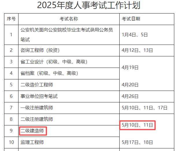 2025年浙江二級建造師考試時間5月10日、11日